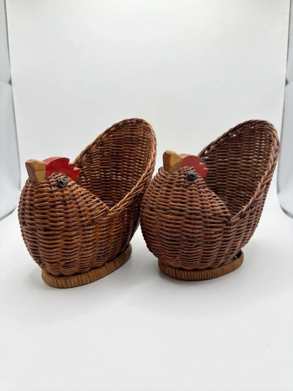 Vintage Pair of Mini Woven Wicker Chicken Baskets with Red Wooden Combs
